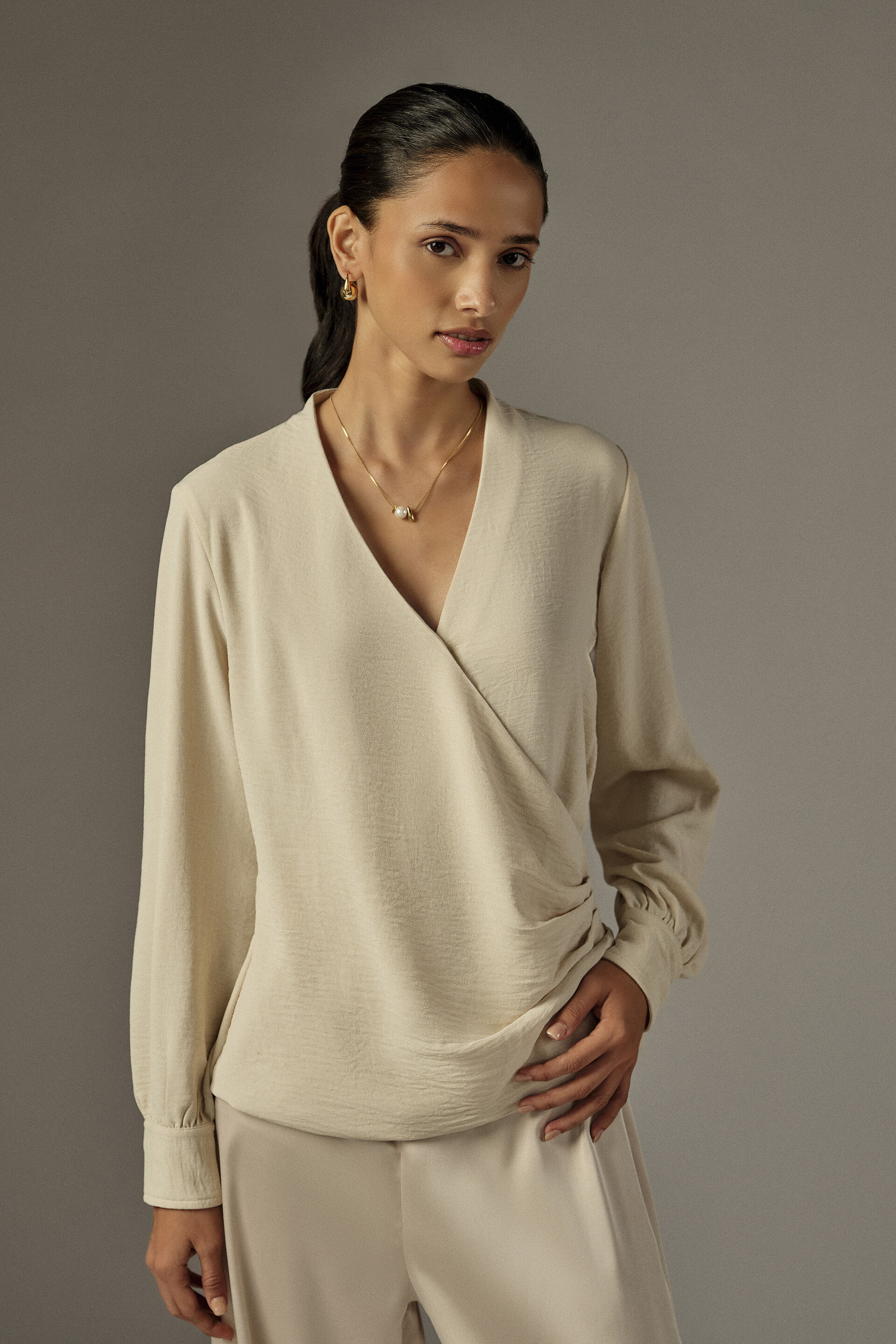 Wrap Full Sleeves Top in Beige, Beige, image 1